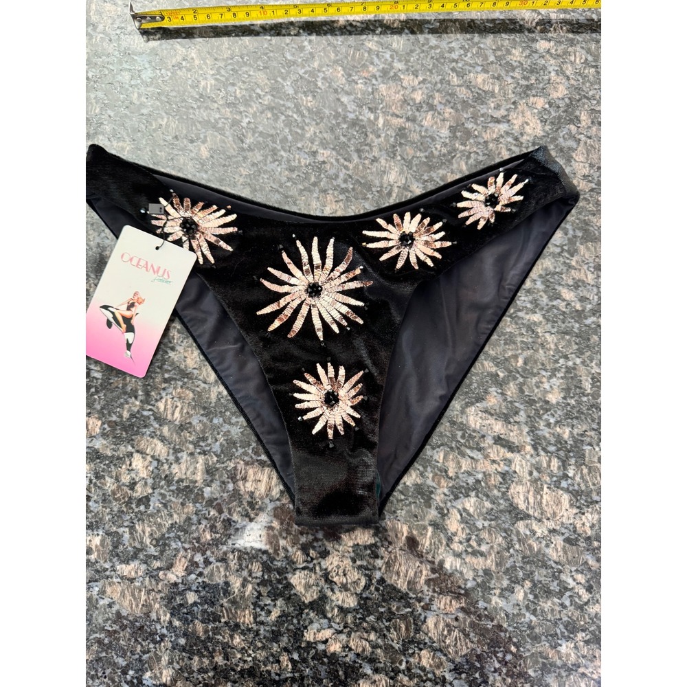 Oceanus Swimwear Black Velvet Embroidered Bikini Bottoms Gold Floral V-Front L‎